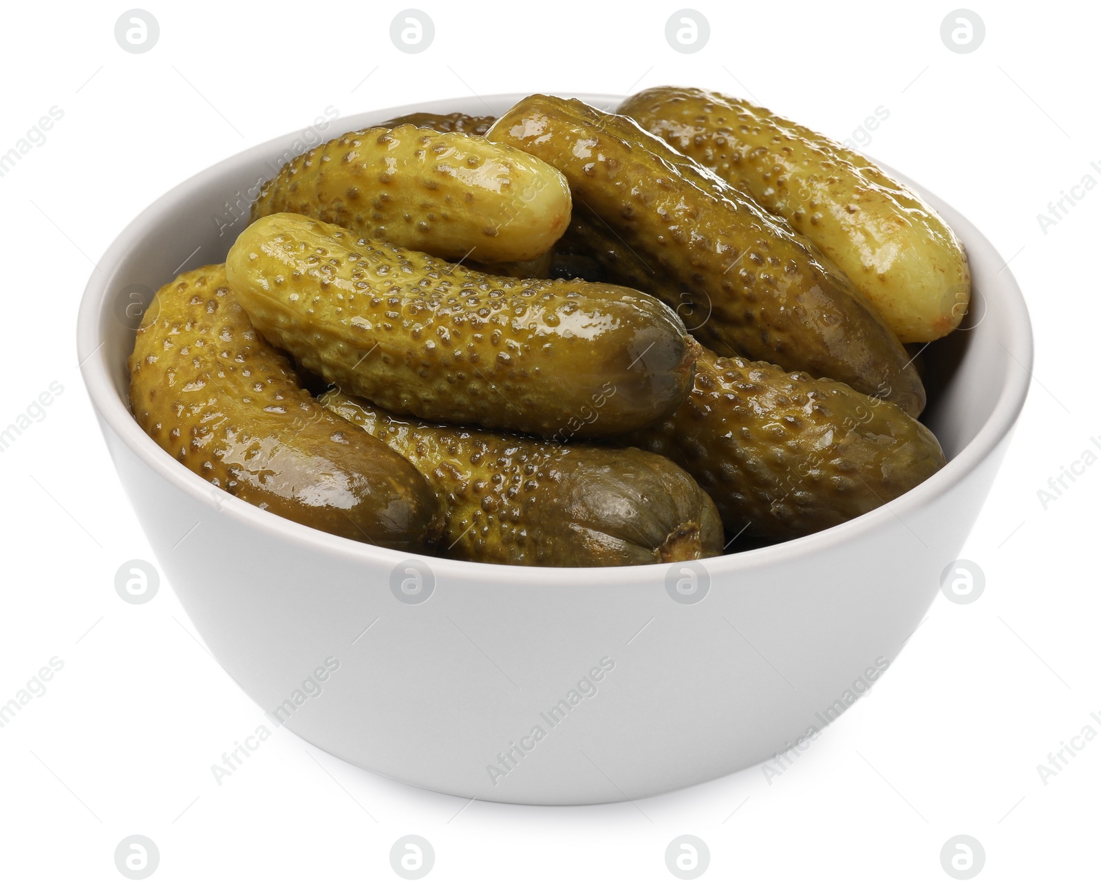 Photo of Tasty pickled cucumbers in bowl isolated on white