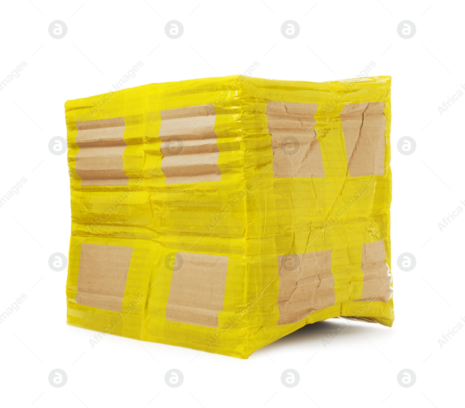 Photo of Crumpled cardboard parcel box with yellow sticky tape on white background