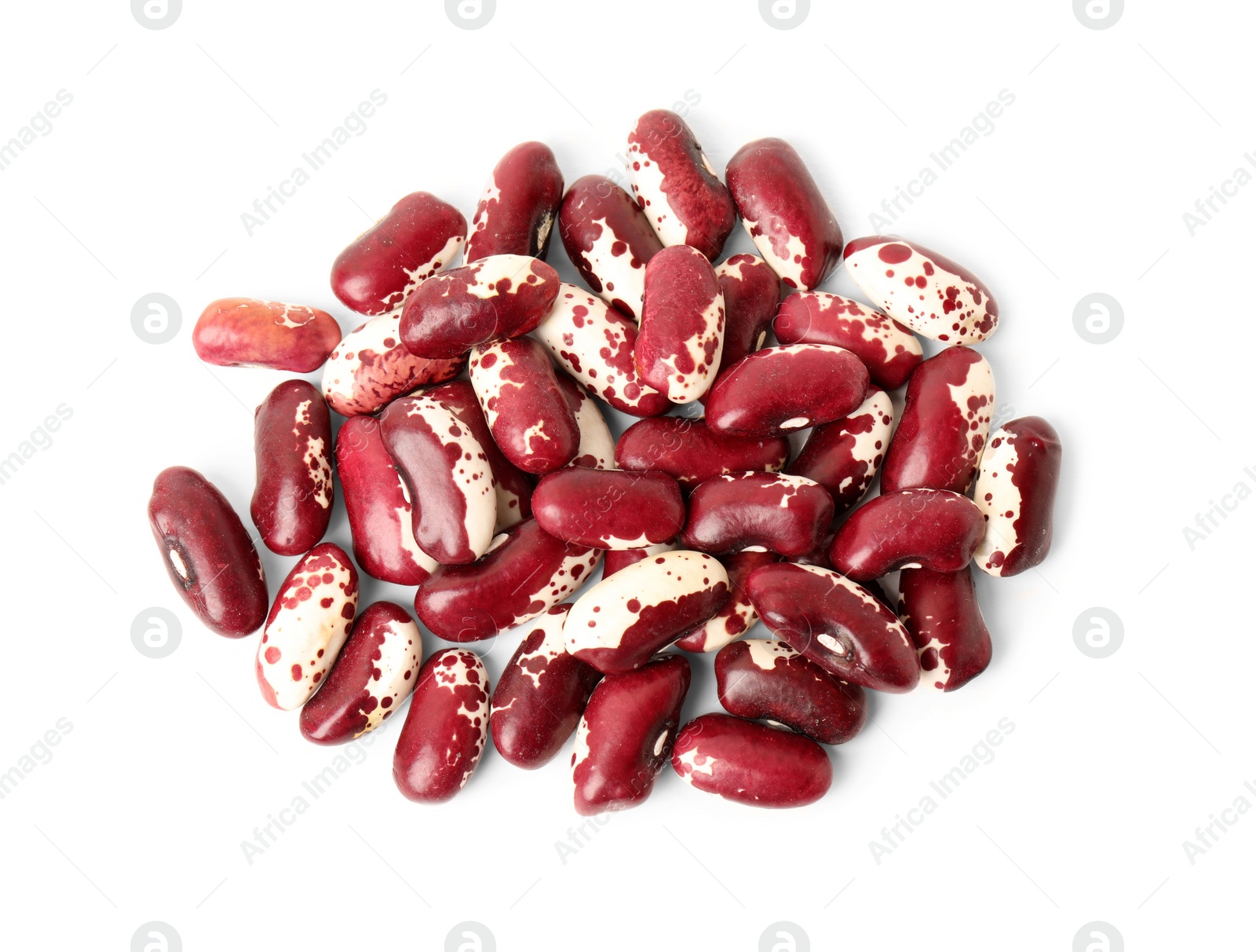Photo of Pile of raw red beans on white background, top view. Vegetable planting