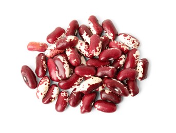 Photo of Pile of raw red beans on white background, top view. Vegetable planting