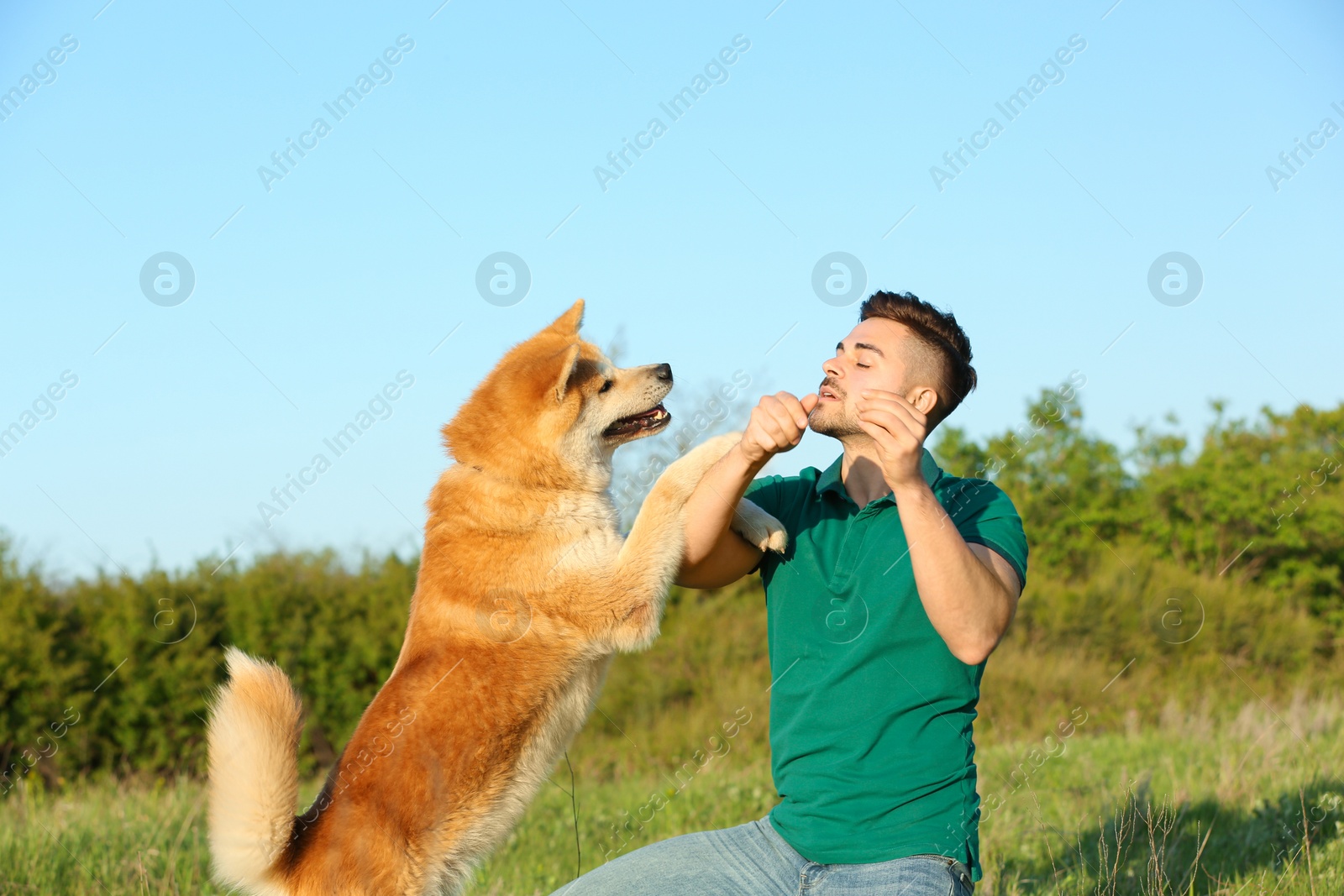 Photo of Young man playing with adorable Akita Inu dog in park