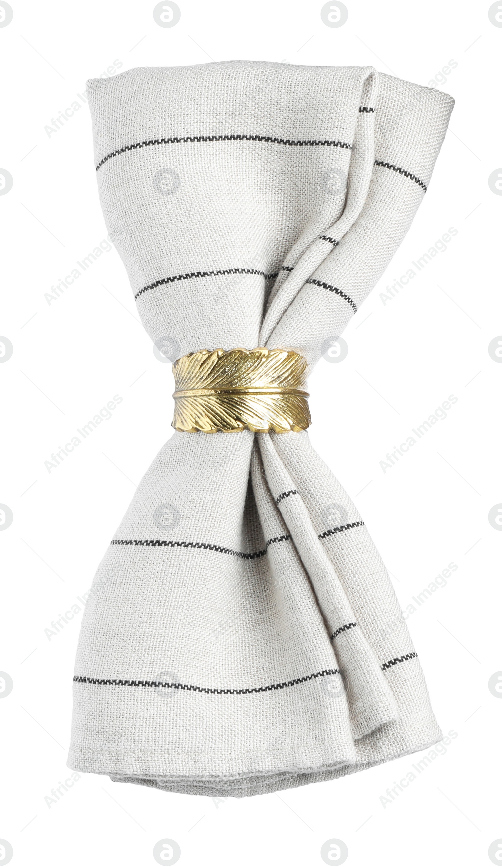Photo of Napkin with decorative ring for table setting isolated on white, top view