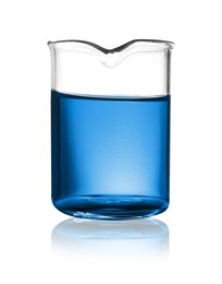 Beaker with blue liquid isolated on white. Laboratory glassware