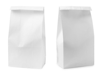 Image of Closed paper bags on white background, collage