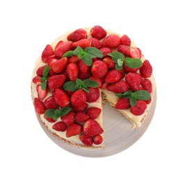 Tasty cake with fresh strawberries and mint isolated on white, top view