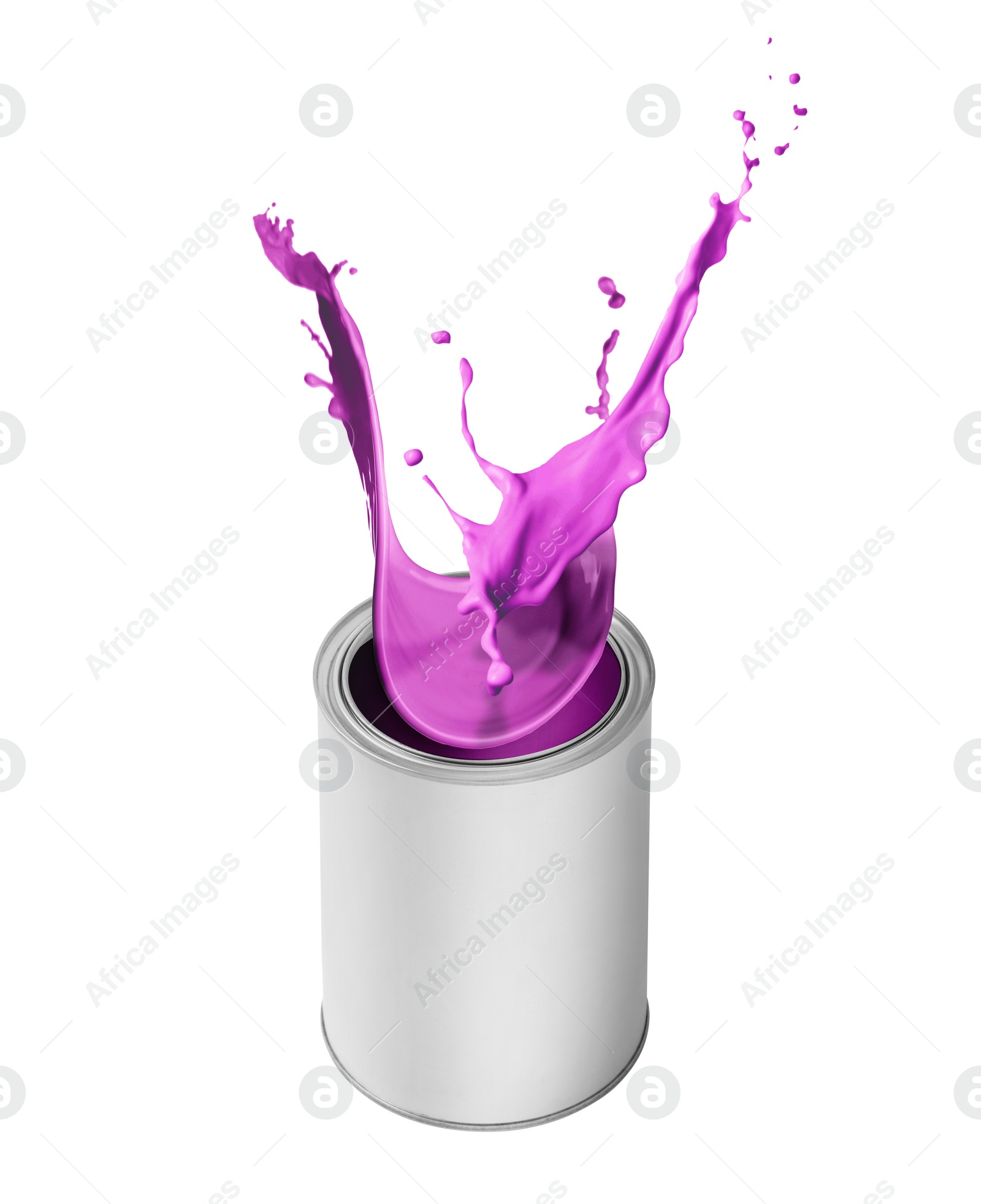 Image of Can with splashing violet paint isolated on white