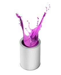 Can with splashing violet paint isolated on white