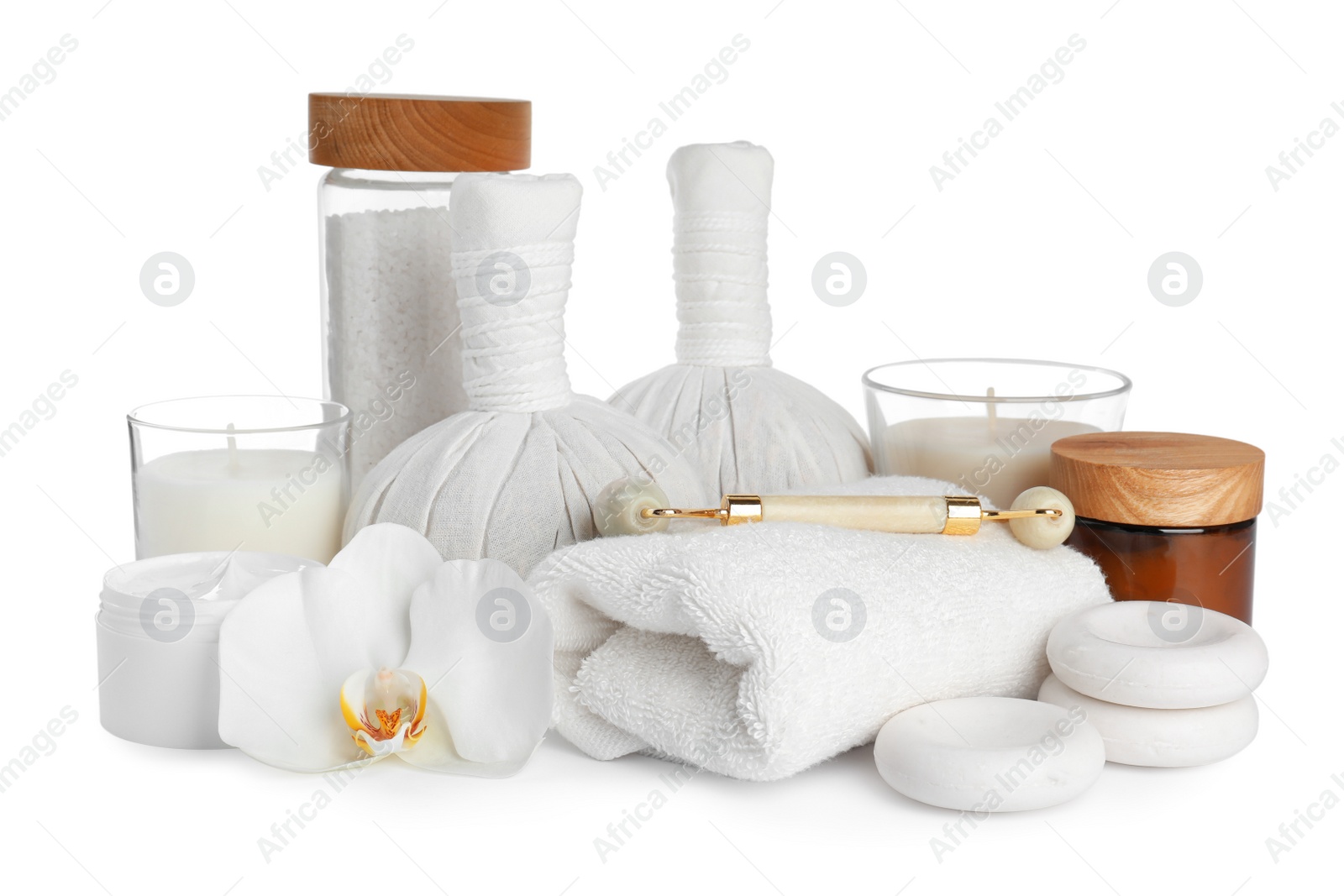 Photo of Beautiful spa composition with different body care products isolated on white