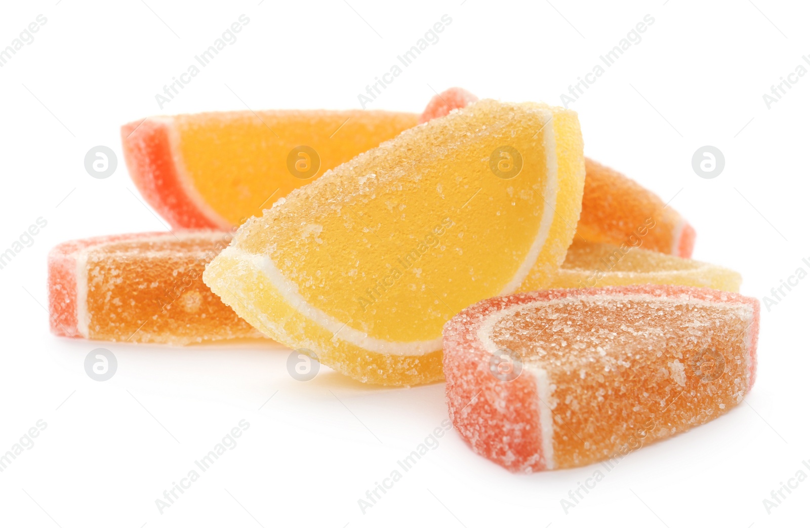 Photo of Pile of delicious jelly candies on white background