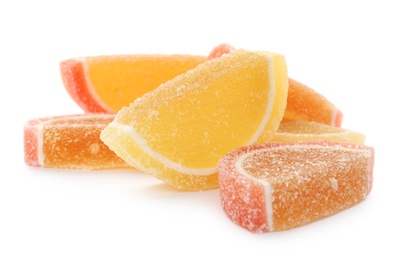 Photo of Pile of delicious jelly candies on white background