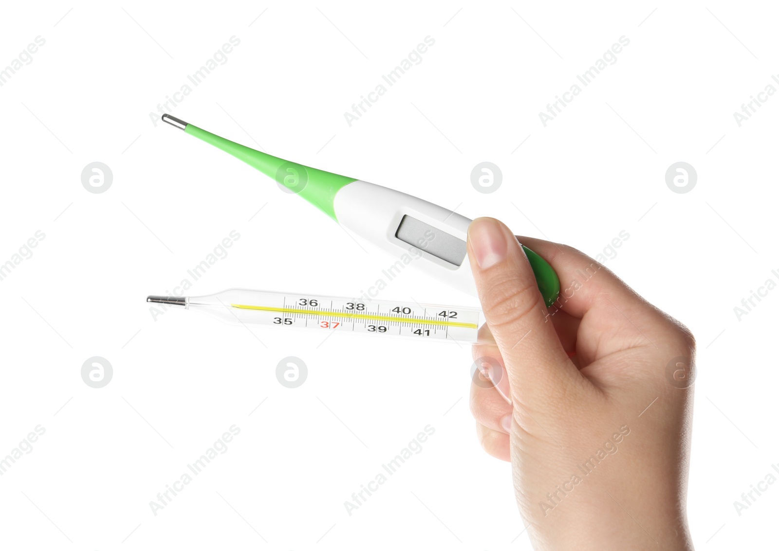 Photo of Woman holding different thermometers on white background, closeup