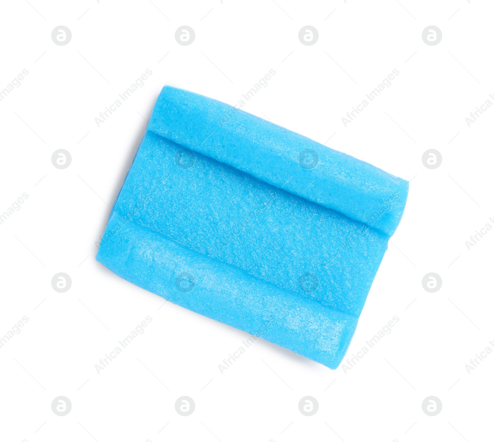 Photo of One tasty blue bubble gum isolated on white, top view