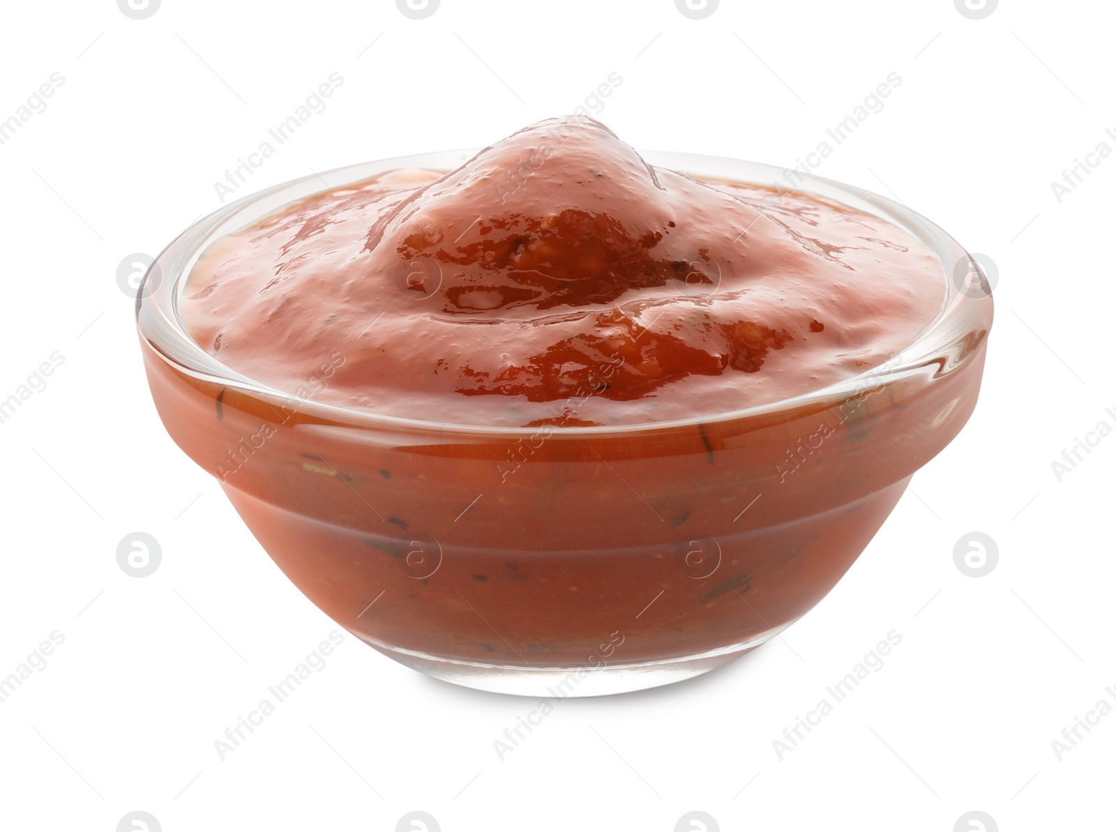 Photo of Tasty tomato sauce in bowl isolated on white