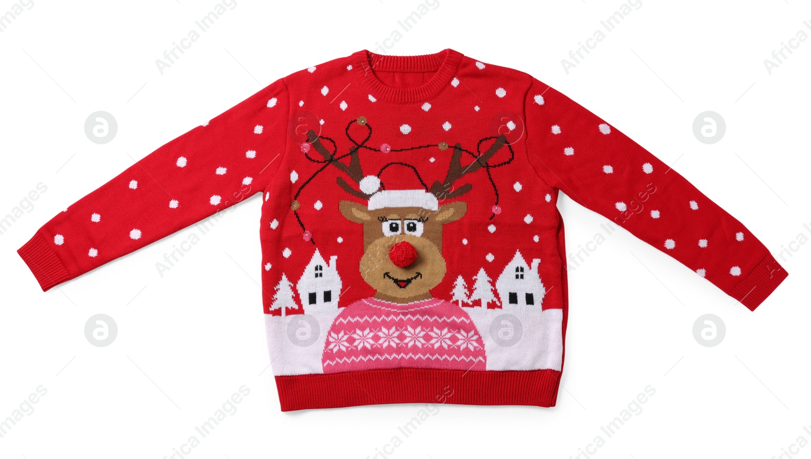 Photo of Red Christmas sweater with reindeer isolated on white, top view