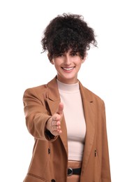 Beautiful young businesswoman in suit on white background