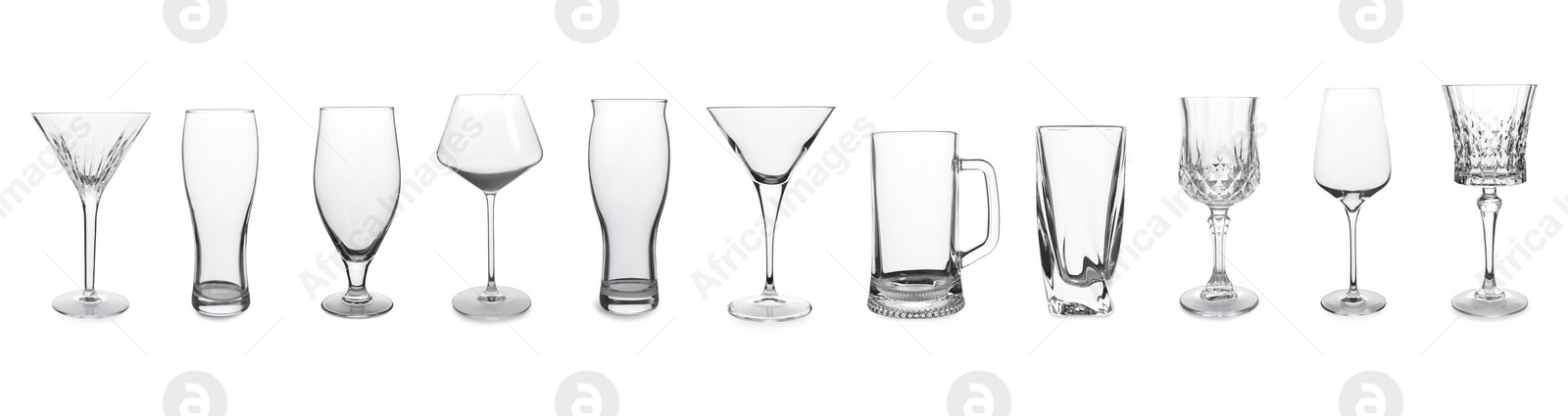 Image of Collage with different empty glasses on white background