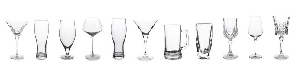 Image of Collage with different empty glasses on white background