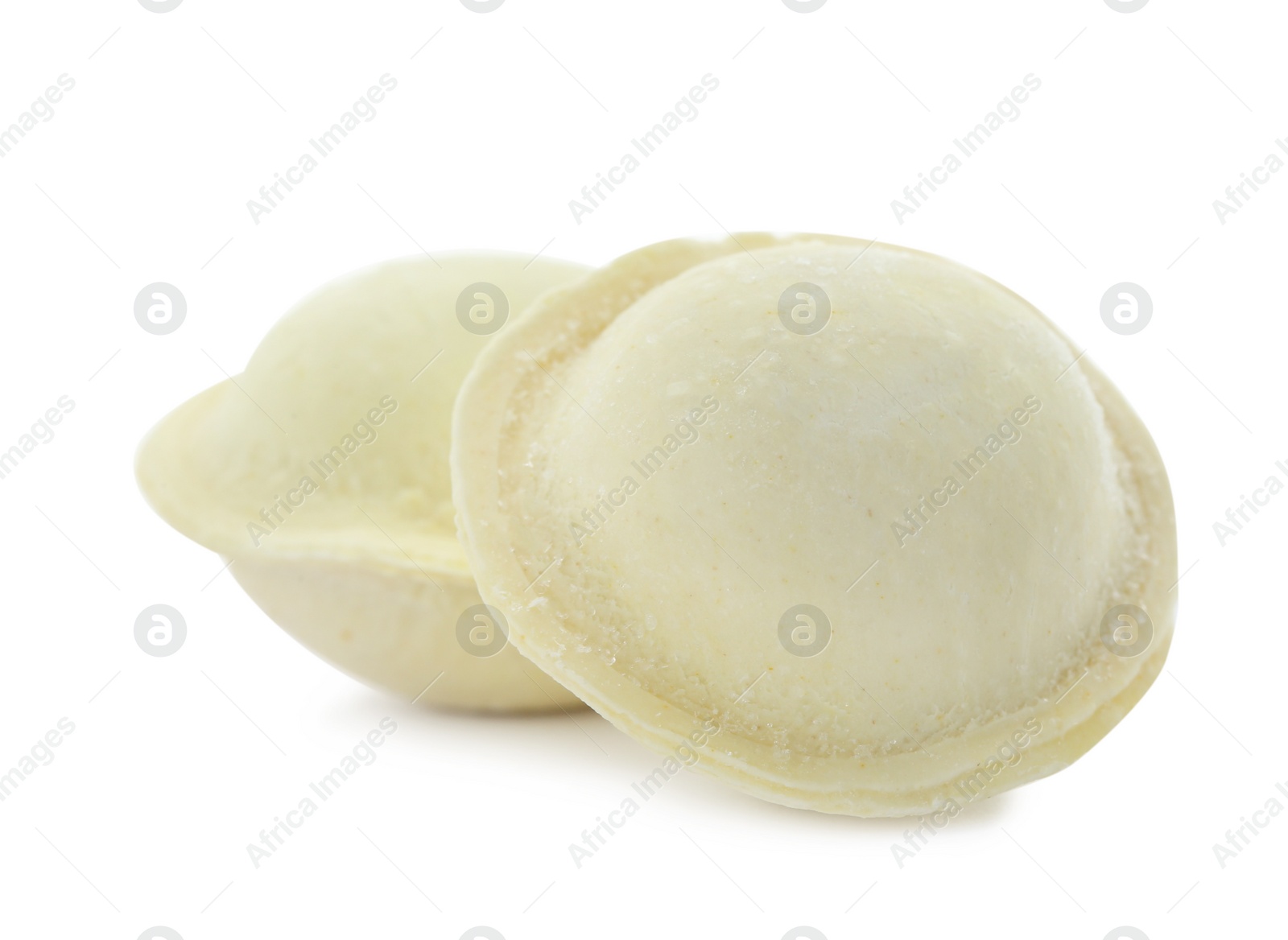 Photo of Raw dumplings with tasty filling on white background