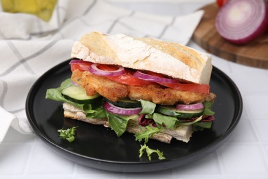 Photo of Delicious sandwich with schnitzel on white tiled table