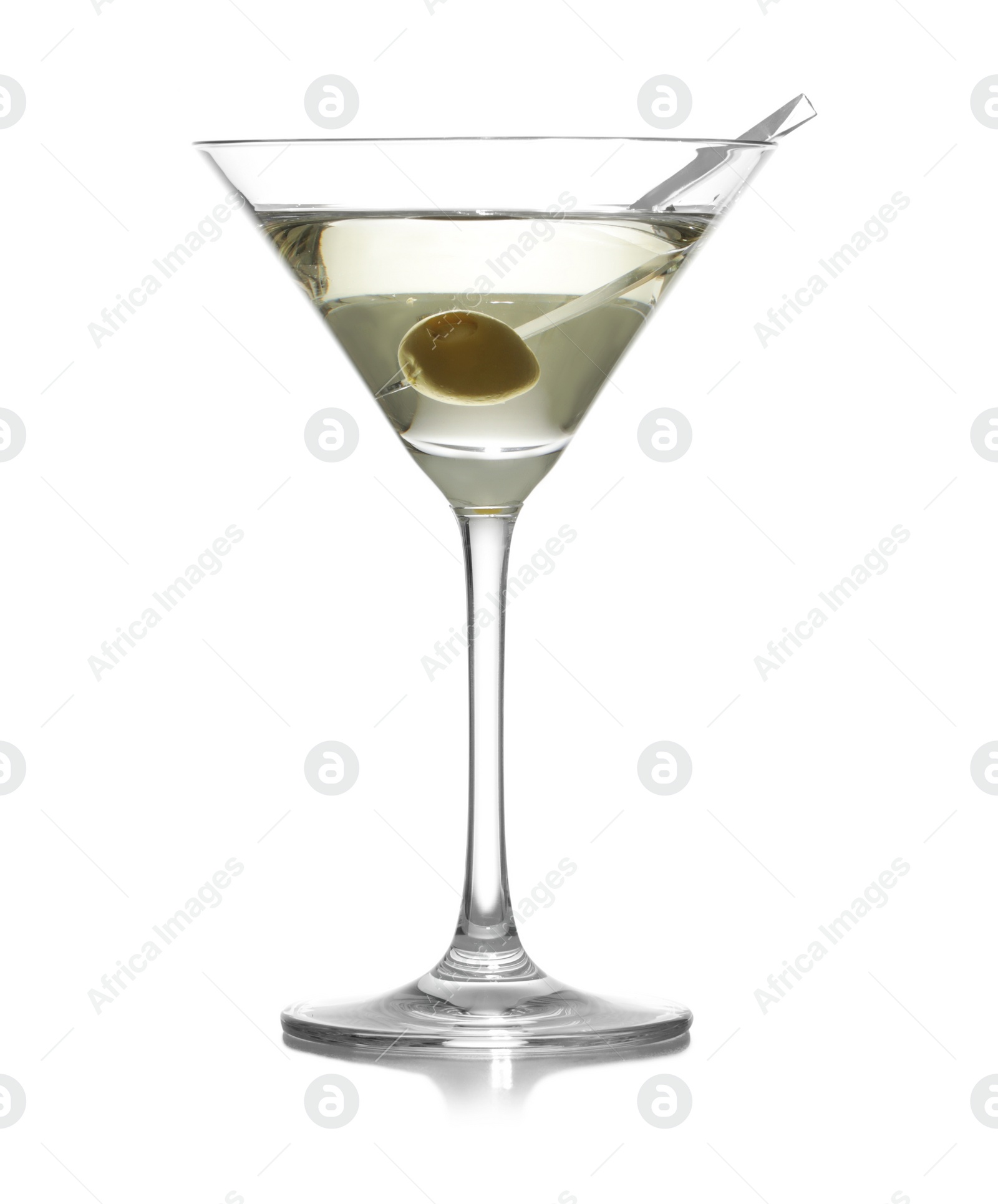 Photo of Glass of olive martini on white background