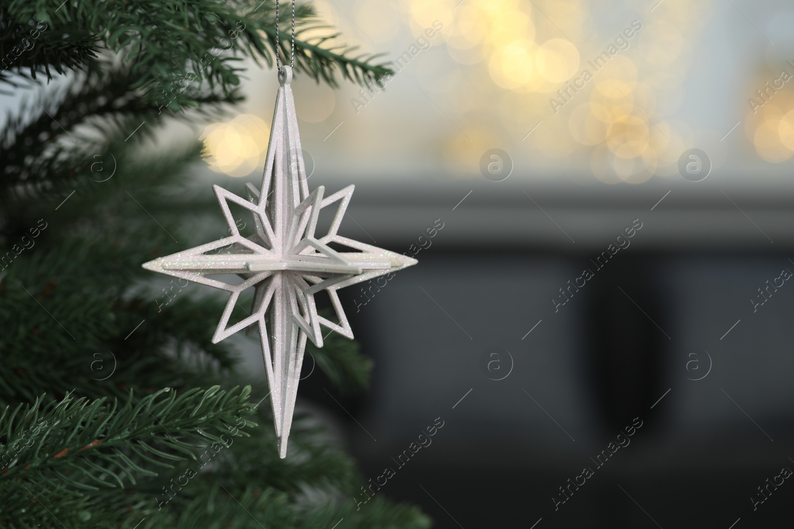 Photo of Closeup of beautiful bauble in shape of star hanging on Christmas tree. Space for text