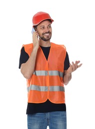 Photo of Male industrial engineer in uniform talking on phone against white background