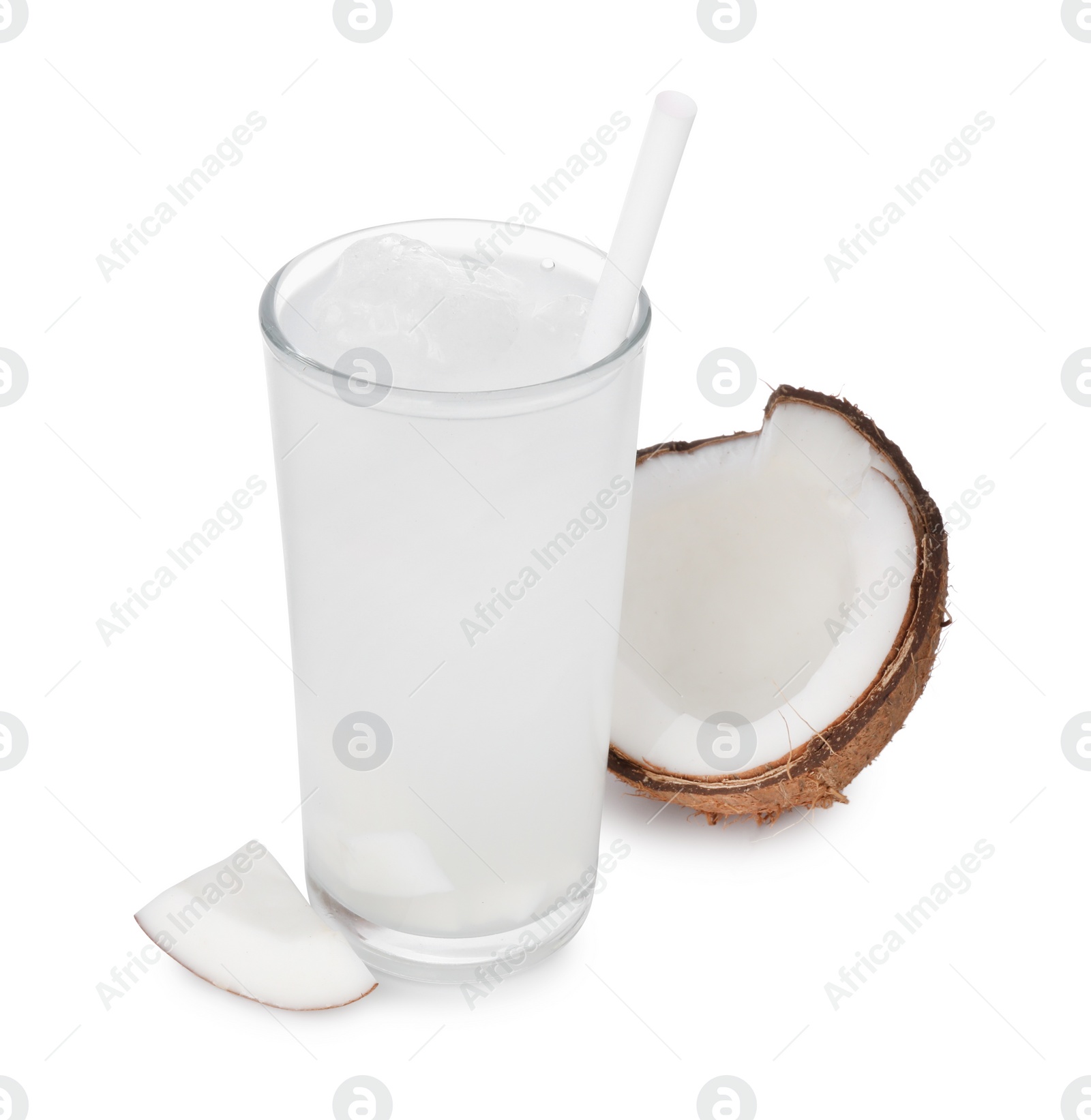 Photo of Glass of coconut water, ice cubes and nut isolated on white