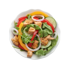 Photo of Delicious fresh chicken salad with vegetables and arugula isolated on white, top view
