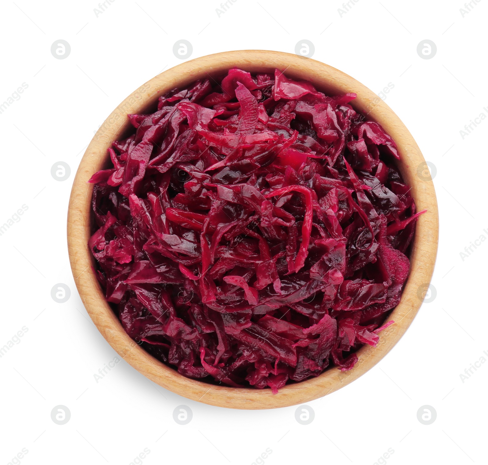 Photo of Bowl of tasty red cabbage sauerkraut isolated on white, top view