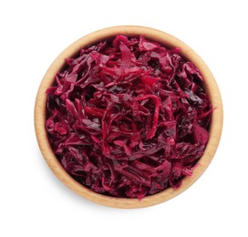 Bowl of tasty red cabbage sauerkraut isolated on white, top view