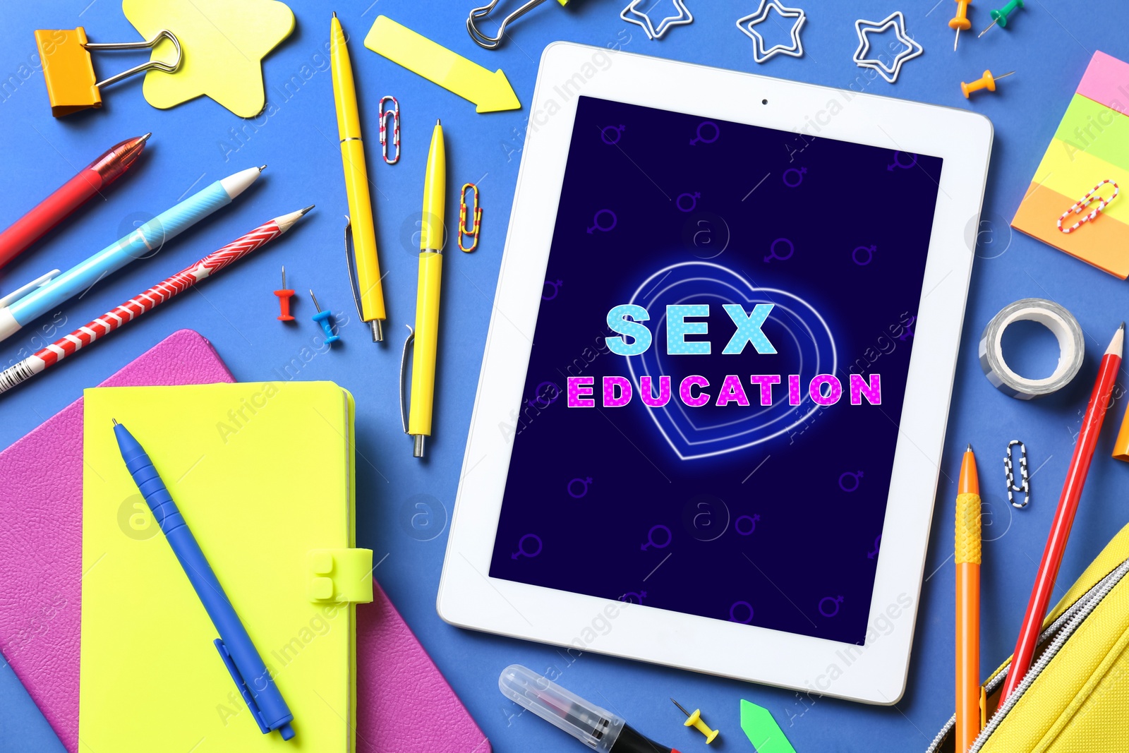 Image of Sex education. Modern tablet computer with open program on blue background, flat lay