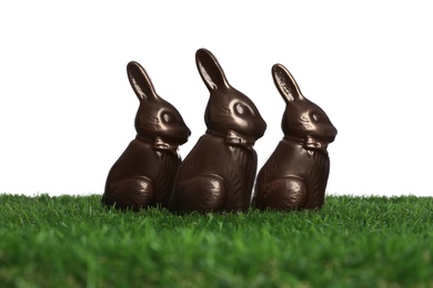 Chocolate bunnies on green grass against white background. Easter celebration