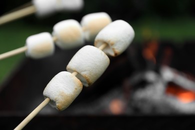 Photo of Delicious puffy marshmallows roasting over bonfire, closeup