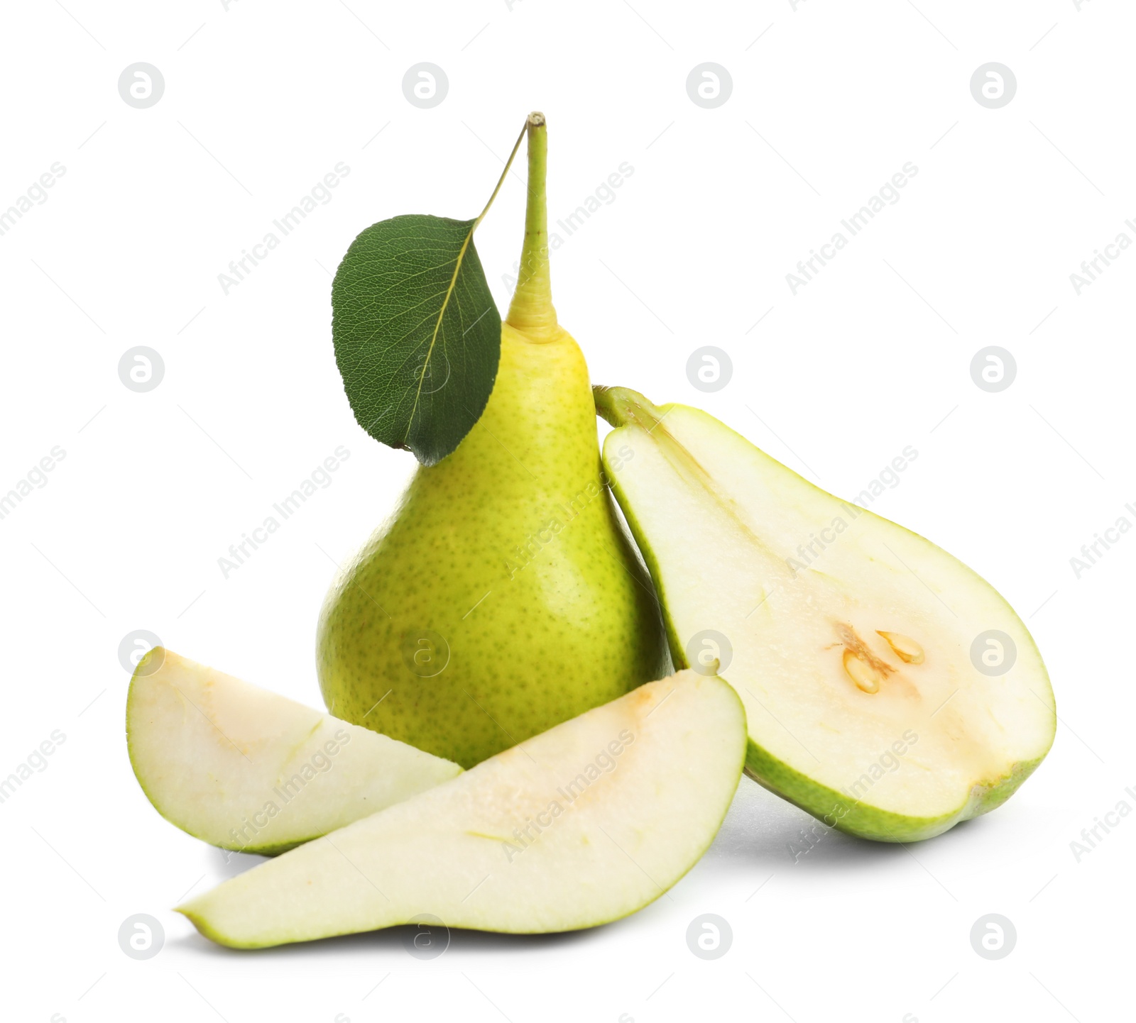 Photo of Whole and sliced pears on white background