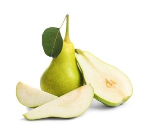 Whole and sliced pears on white background