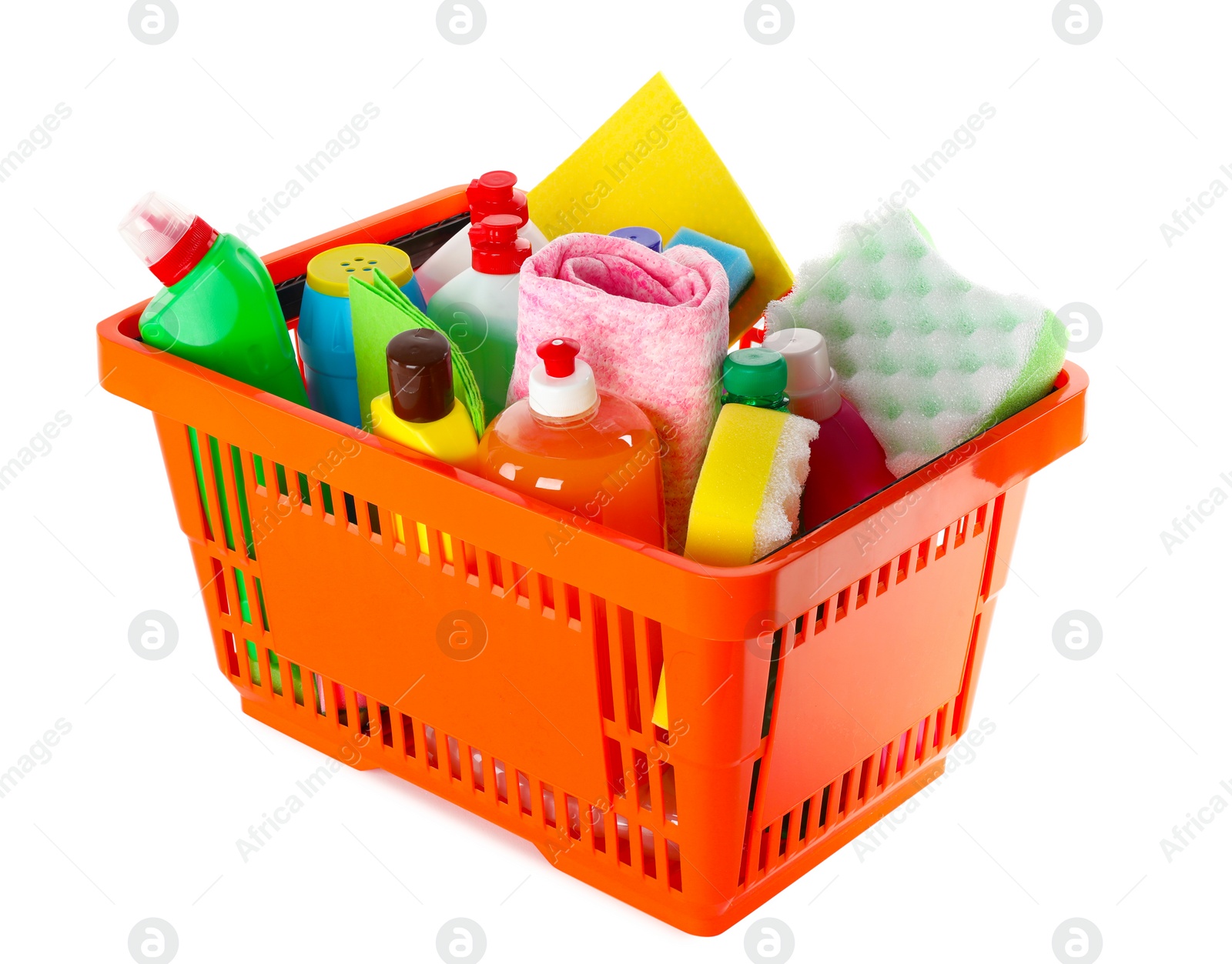 Photo of Shopping basket full of detergents on white background