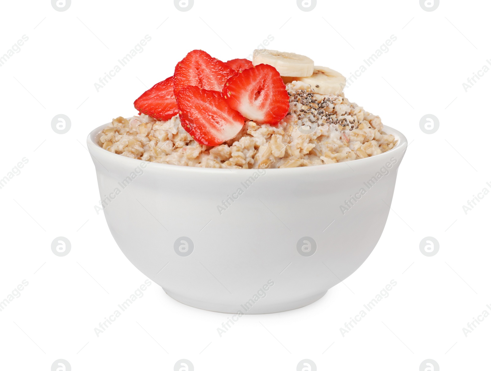 Photo of Tasty boiled oatmeal with strawberries, banana and chia seeds in bowl isolated on white