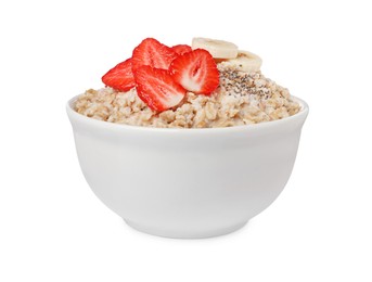 Photo of Tasty boiled oatmeal with strawberries, banana and chia seeds in bowl isolated on white