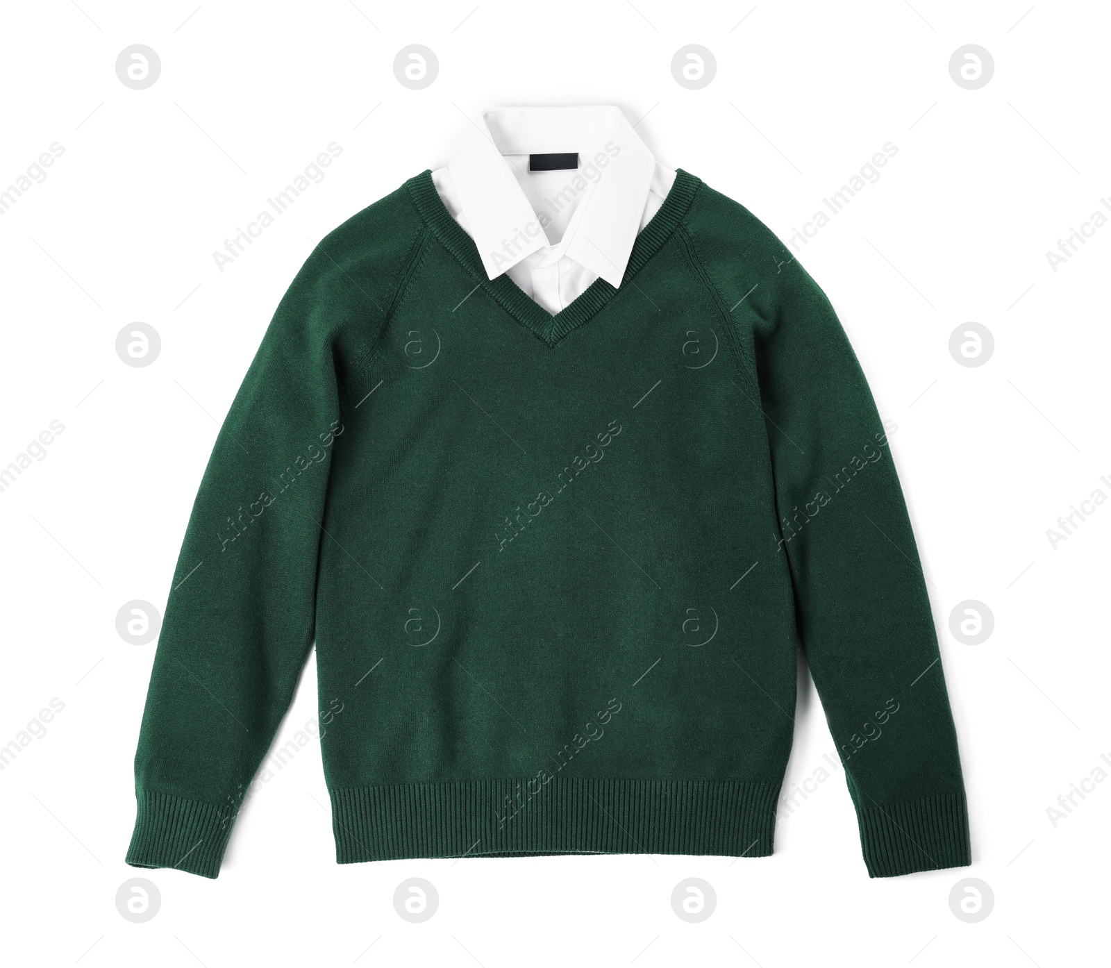 Photo of New stylish school uniform on white background, top view