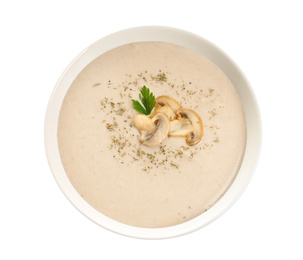 Dish with mushroom cream soup on white background, top view. Healthy food