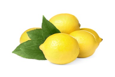 Photo of Fresh ripe juicy lemons with leaves on white background