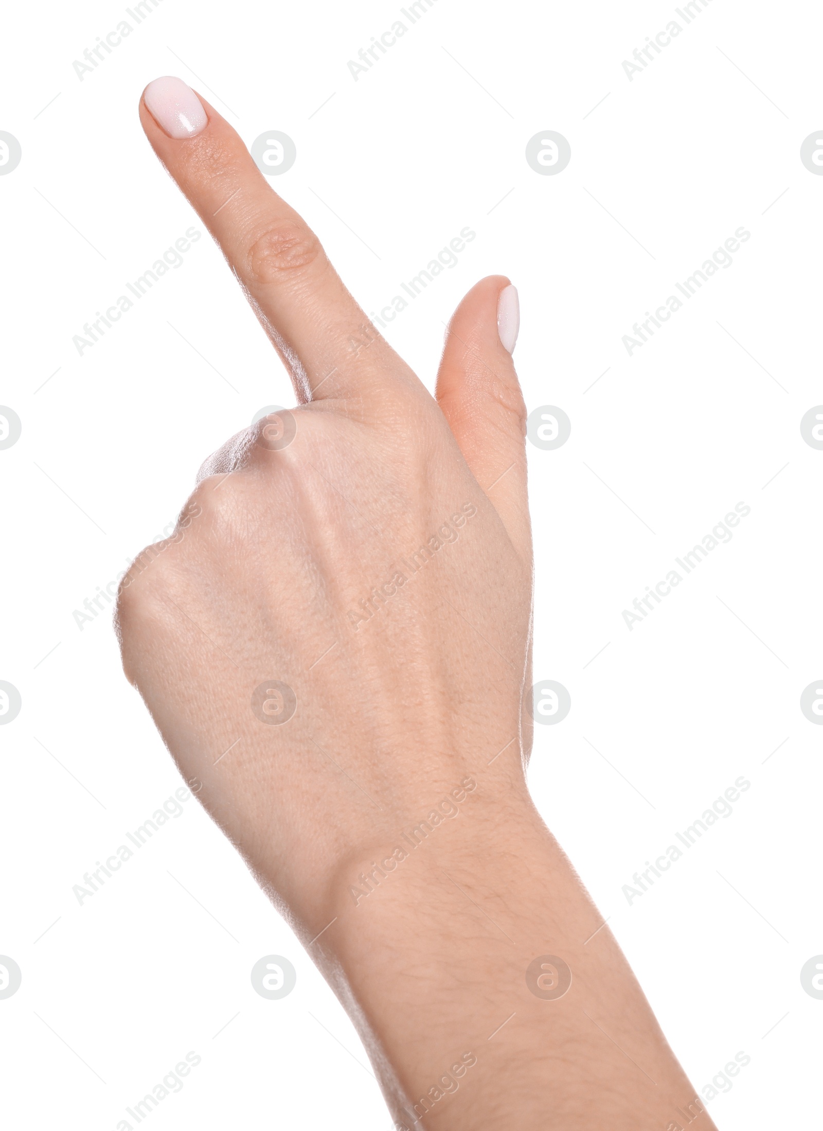 Photo of Woman pointing at something against white background, closeup on hand