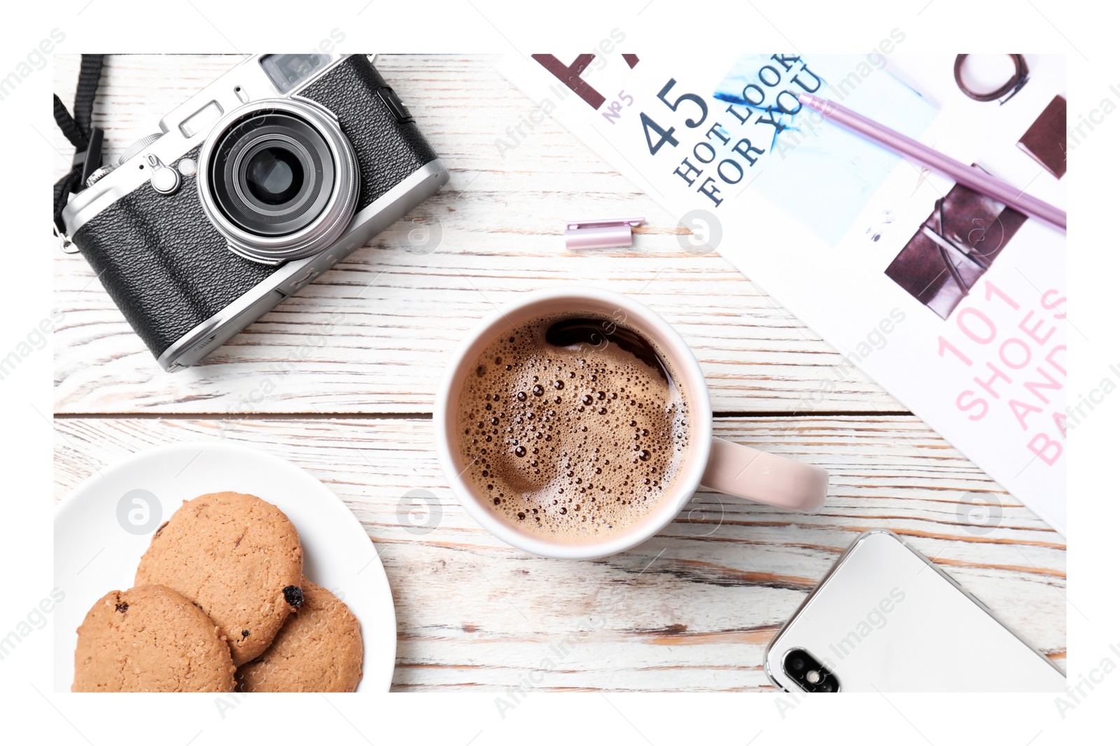 Image of Paper photo. Flat lay composition with aromatic hot coffee on white wooden table