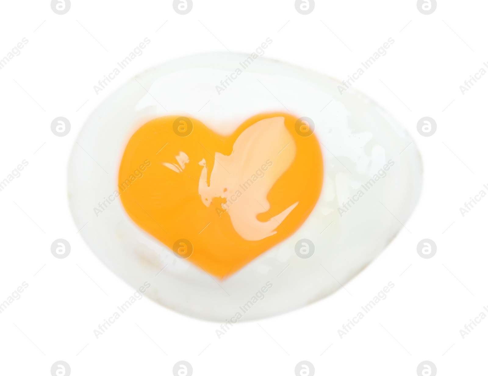 Image of Tasty fried egg with yolk in shape of heart on white background, top view