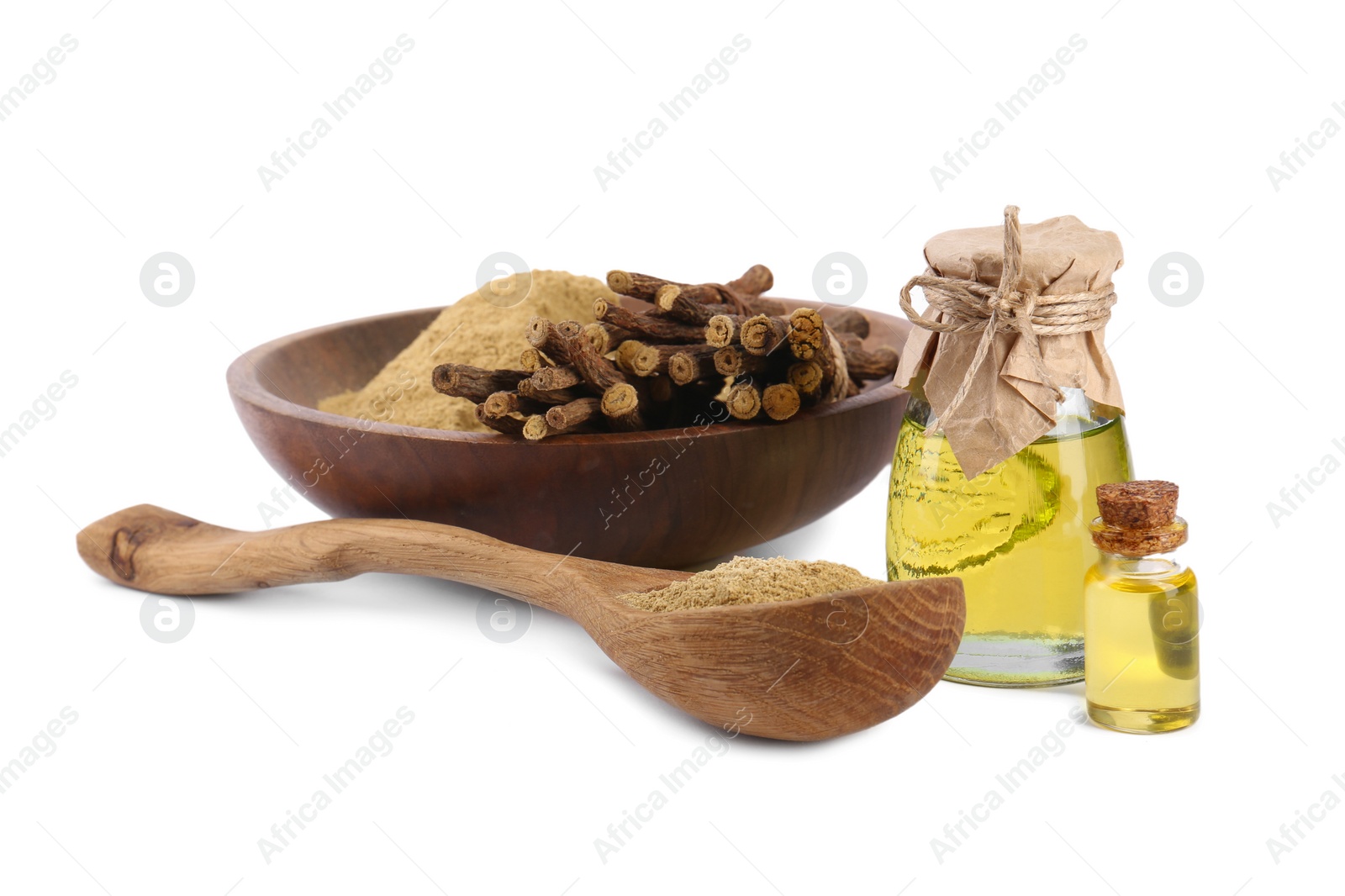 Photo of Dried sticks of licorice root, powder and essential oil isolated on white