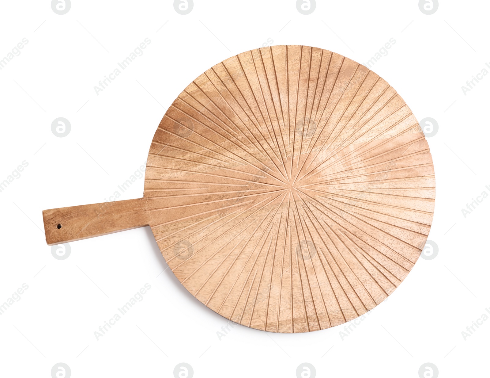 Photo of Round wooden cutting board isolated on white, top view