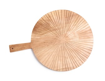 Photo of Round wooden cutting board isolated on white, top view