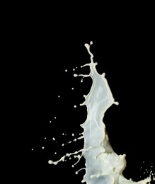 Photo of Splash of fresh milk on black background