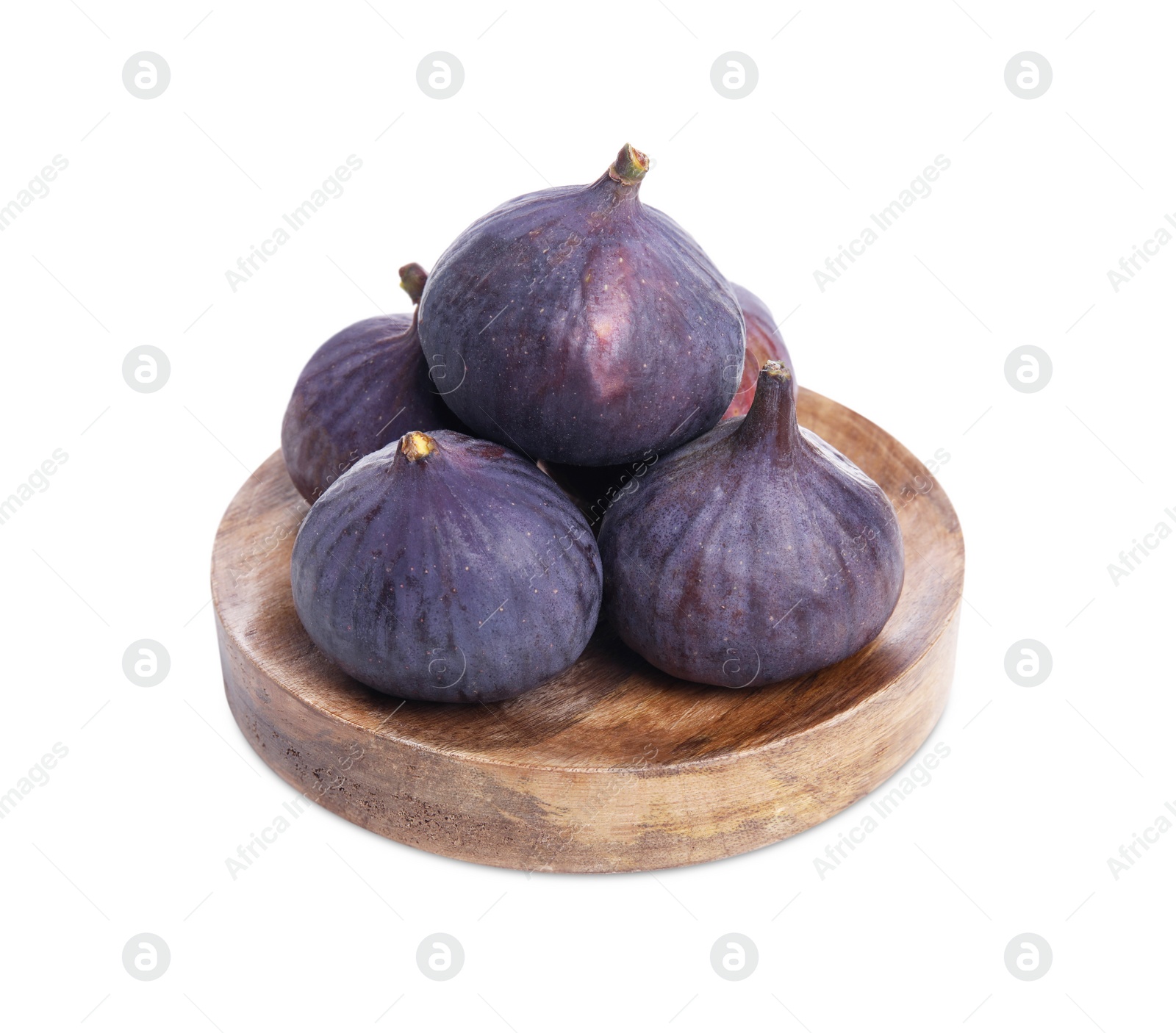 Photo of Wooden plate with whole fresh purple figs isolated on white