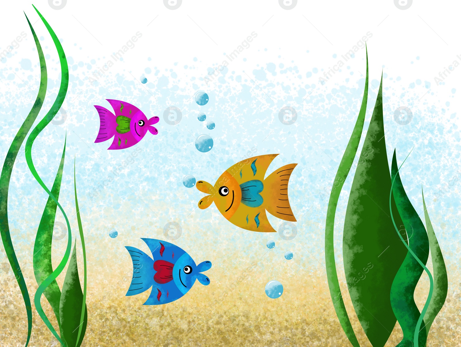 Image of Drawing of beautiful fish in underwater world. Child art